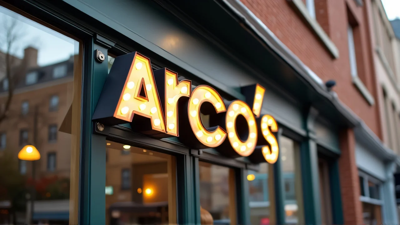 Arcos store signage mounted above a glass storefront with street reflections and brick facade.