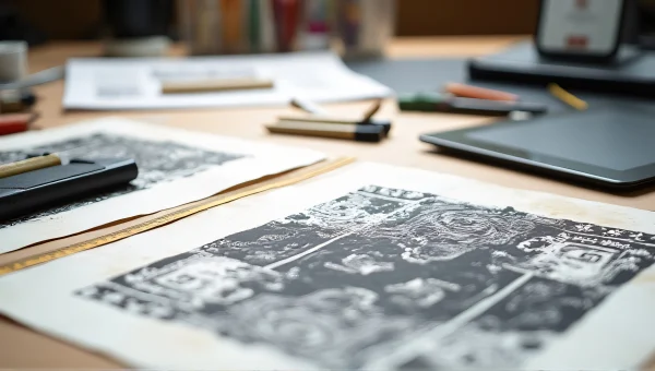 Art Supplies Workspace: Linocut, Pencils, Tablet