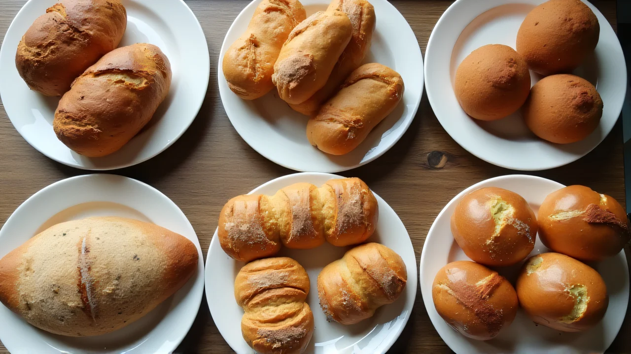 Assorted artisan breads displayed on white plates in a rustic setting.