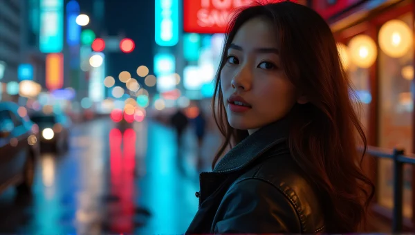 Asian Woman Nighttime City Street Reflections