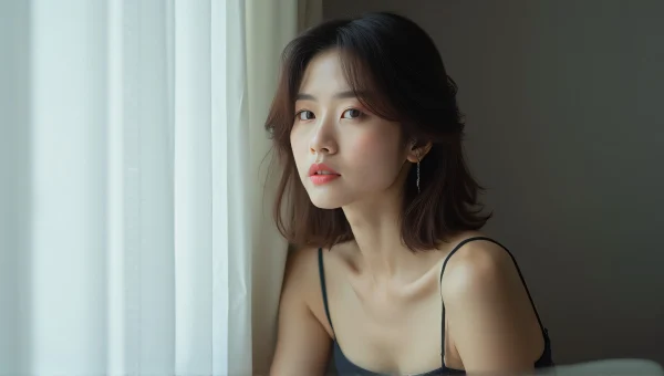 Asian Woman Portrait by Window with Sheer Curtains