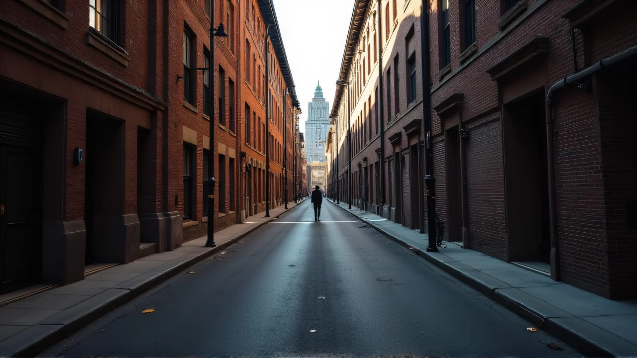 A lone figure walks down an asphalt road surrounded by tall buildings under midday light.