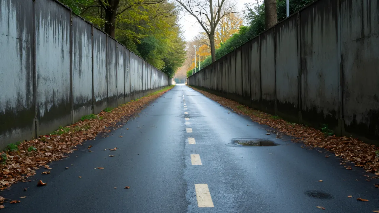 A narrow asphalt road beside a weathered concrete wall with scattered leaves.