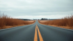 Asphalt Road Through Brown Field With Farmhouse