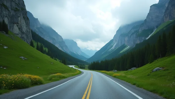 Asphalt Road Through Green Valley Landscape