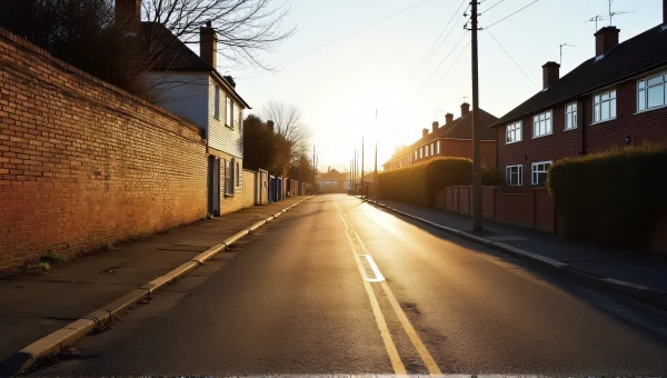 Asphalt Street With Brick Wall And Houses