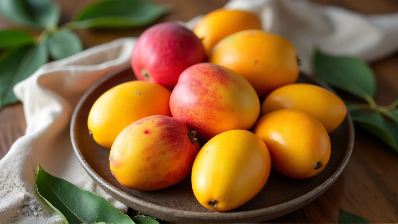 Close-up of assorted color mangoes on a wooden table with leaves.