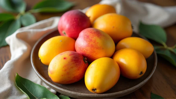 Assorted Color Mangoes On Wooden Table