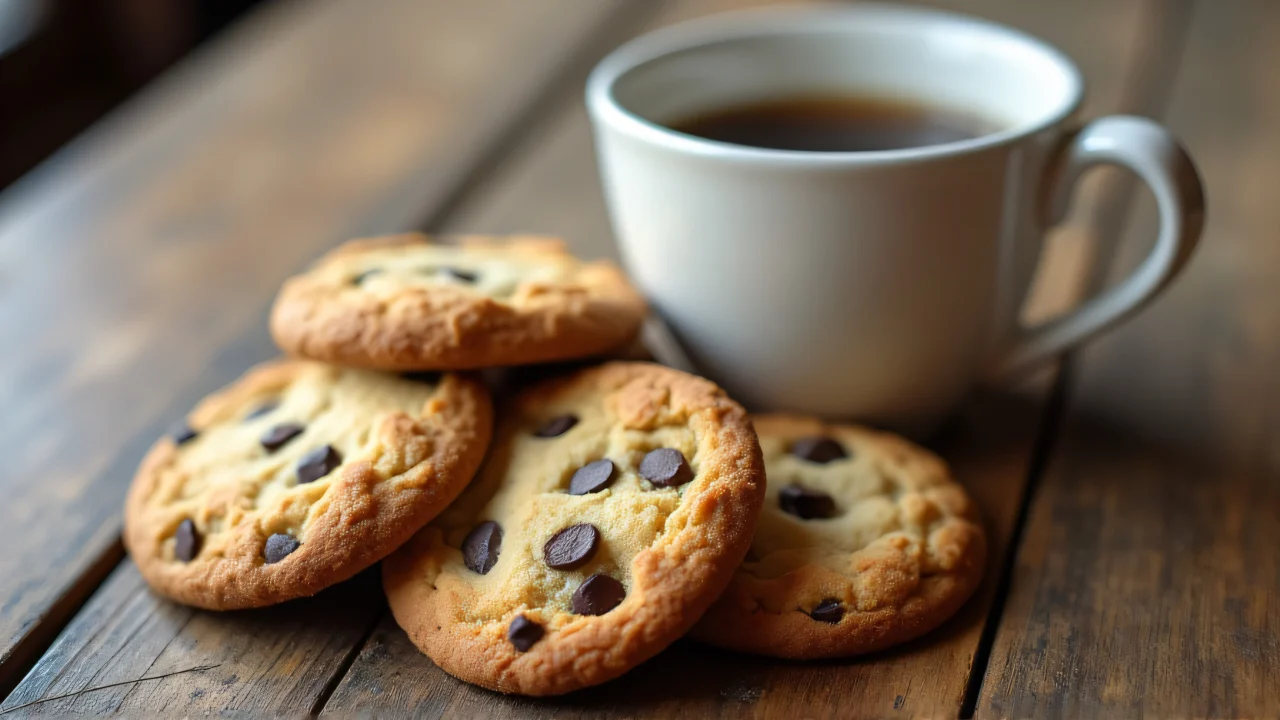 Four assorted cookies next to a white ceramic mug on a wooden table.