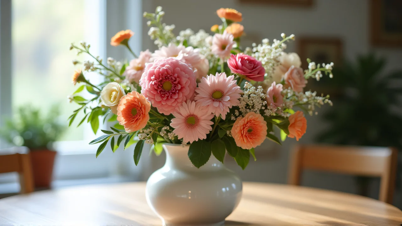 Close-up of assorted flowers in a white vase on a wooden table.