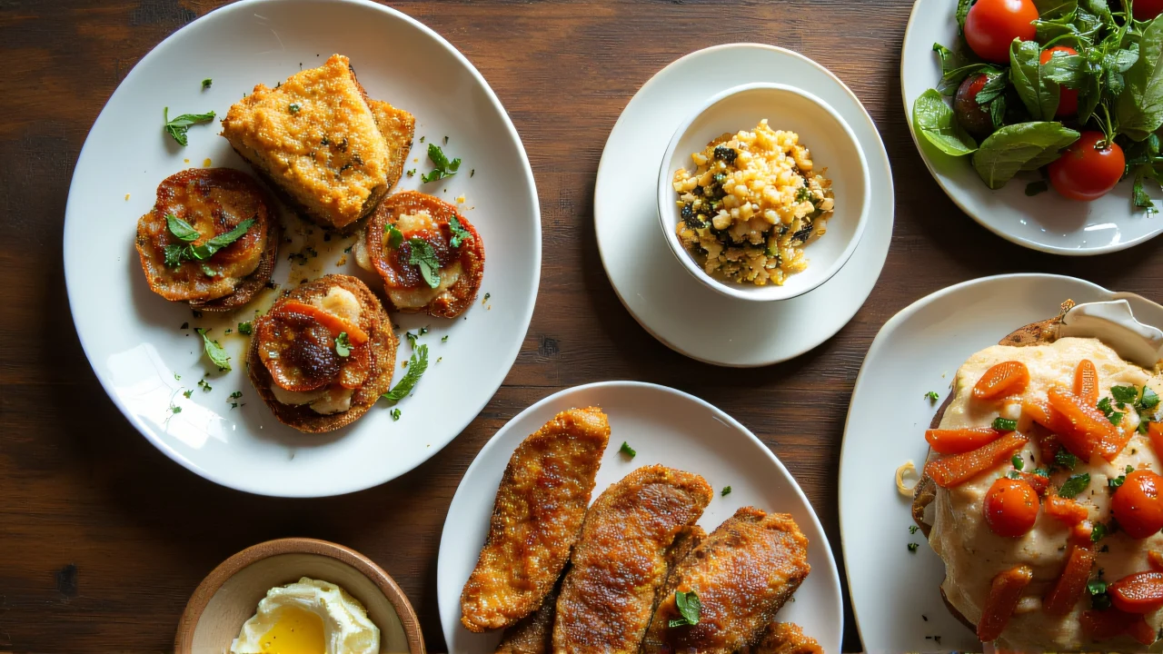Top-down view of assorted foods on white plates arranged on a wooden table.