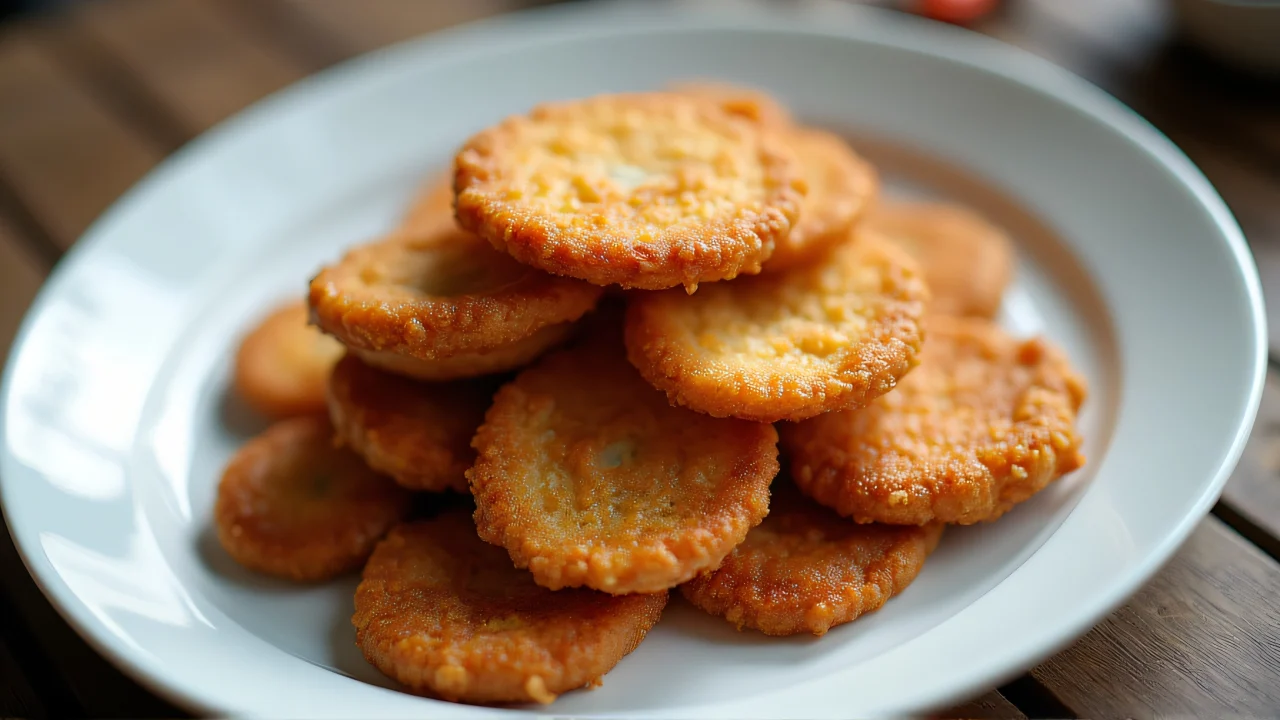 Top view of assorted fried foods on a white ceramic plate.