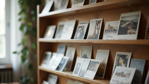 Assorted image Cards On Wooden Shelves