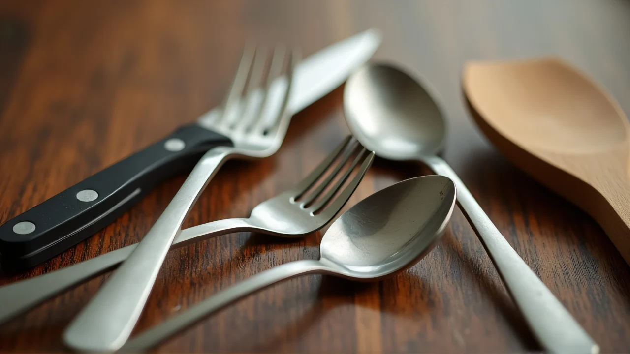 Close-up of various kitchen utensils on a wooden surface.