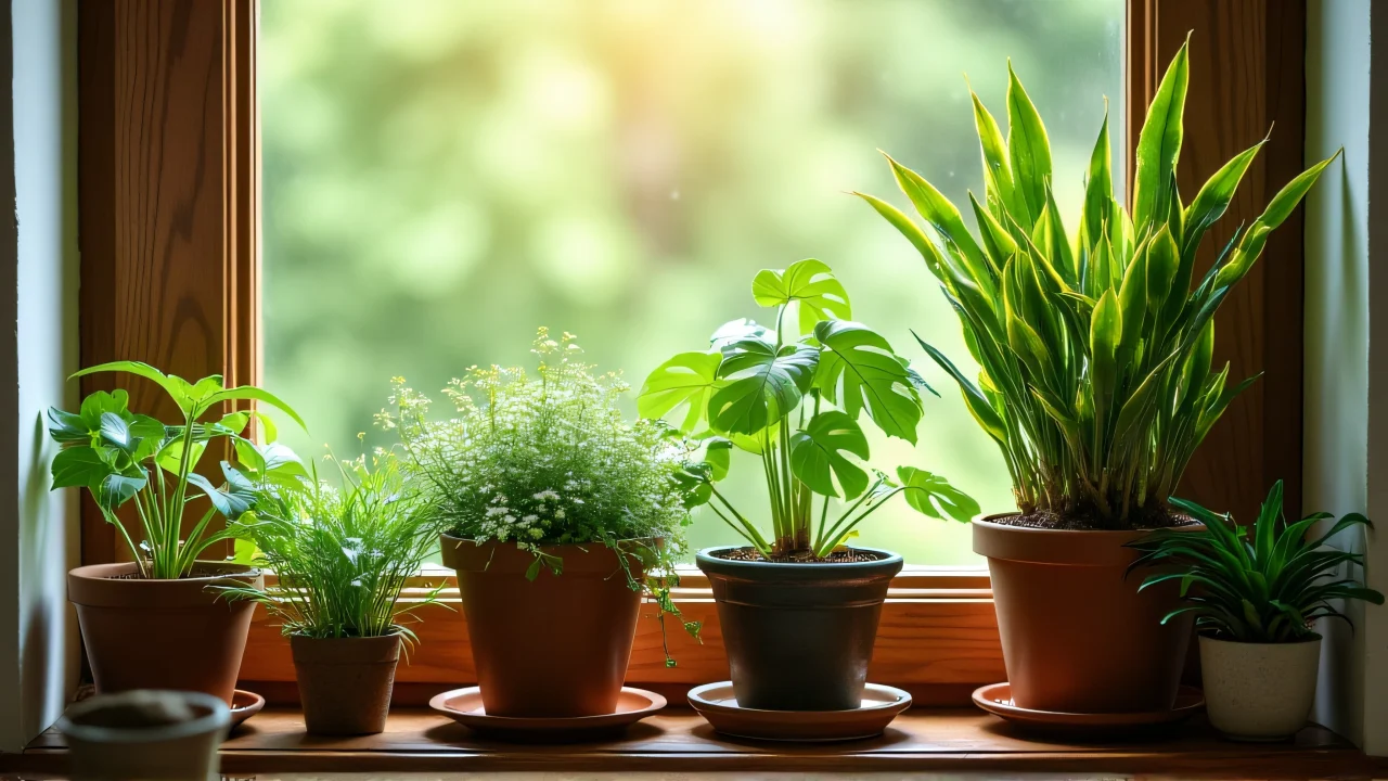 A variety of potted green plants arranged on a wooden windowsill, illuminated by morning light.