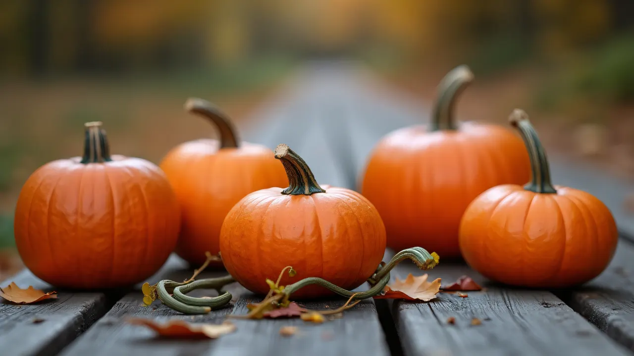 Five assorted pumpkins arranged on wooden planks with autumn leaves.