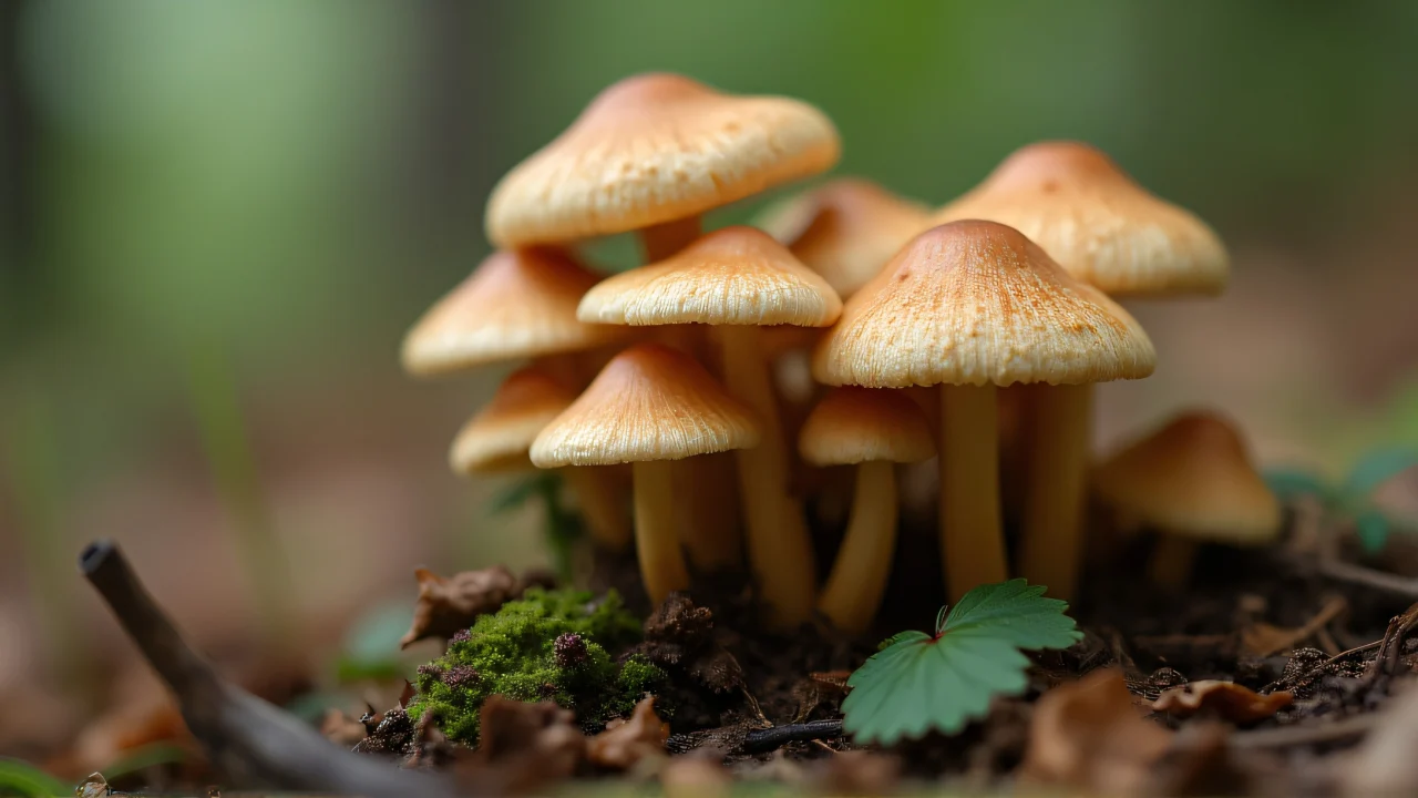Close-up of assorted wild mushrooms growing on the forest floor.