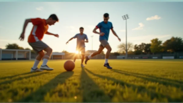 Athletes Kicking Ball on Grassy Field During Evening