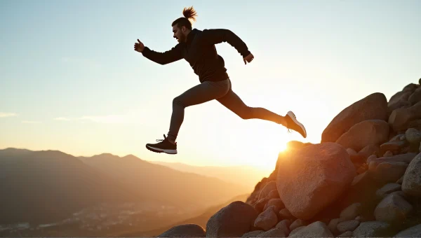 Athletic Man Jumping Over Boulder in Mountain Range