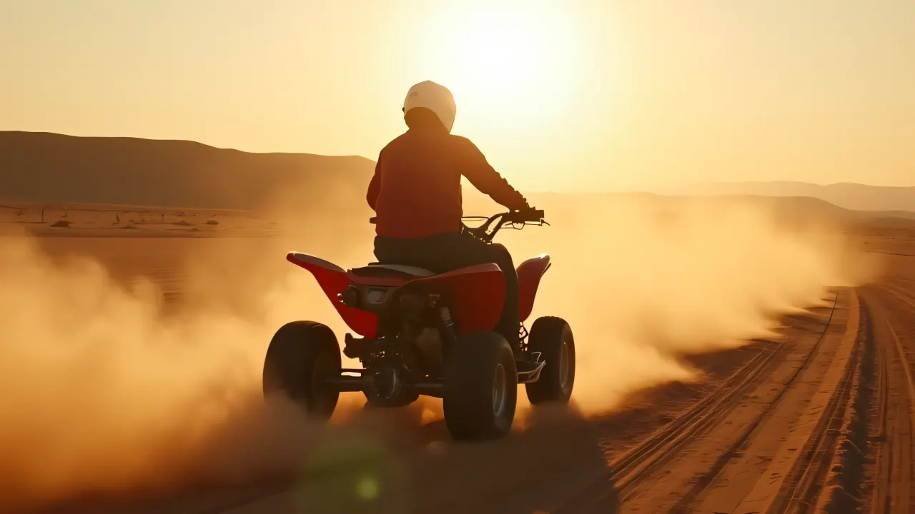 A rider on an ATV speeds through a dusty desert with long shadows from the low sun.