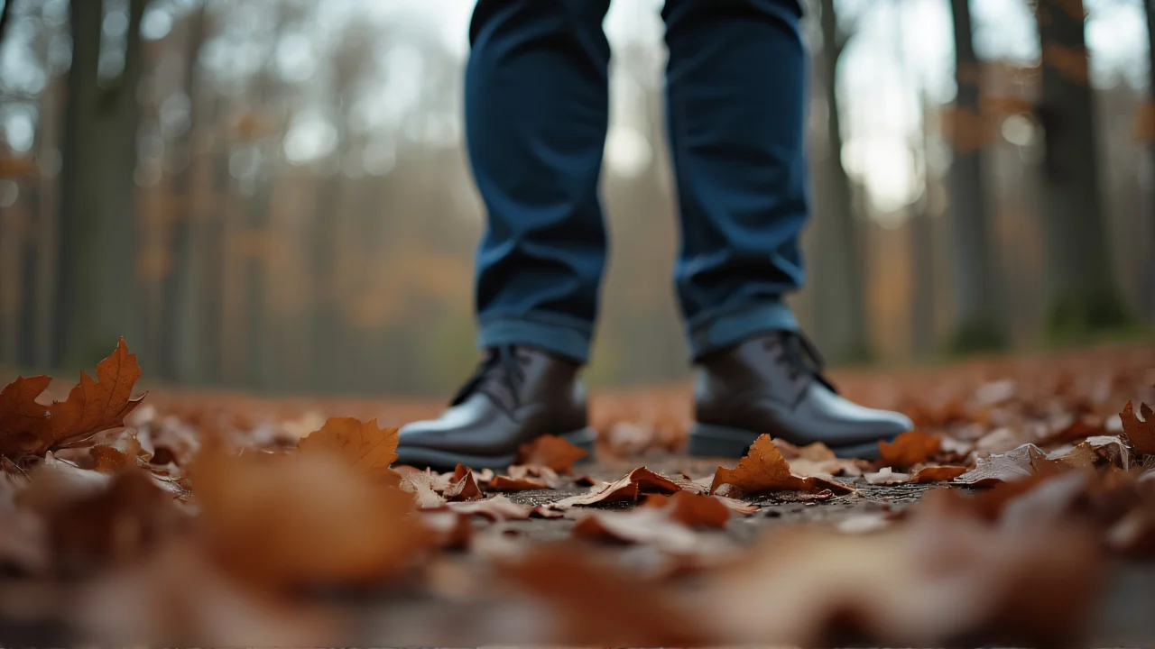 Person standing on a carpet of dry leaves in autumn light.