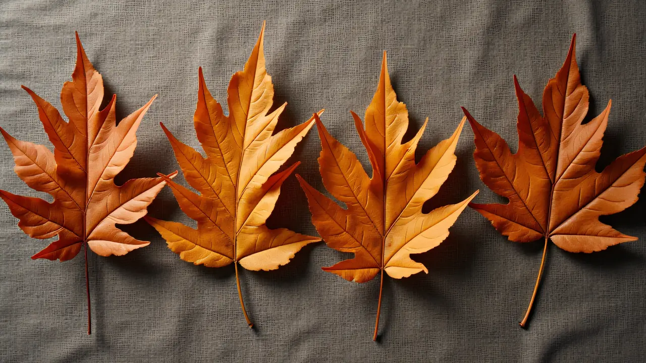Close-up of four brown autumn leaves on woven fabric.