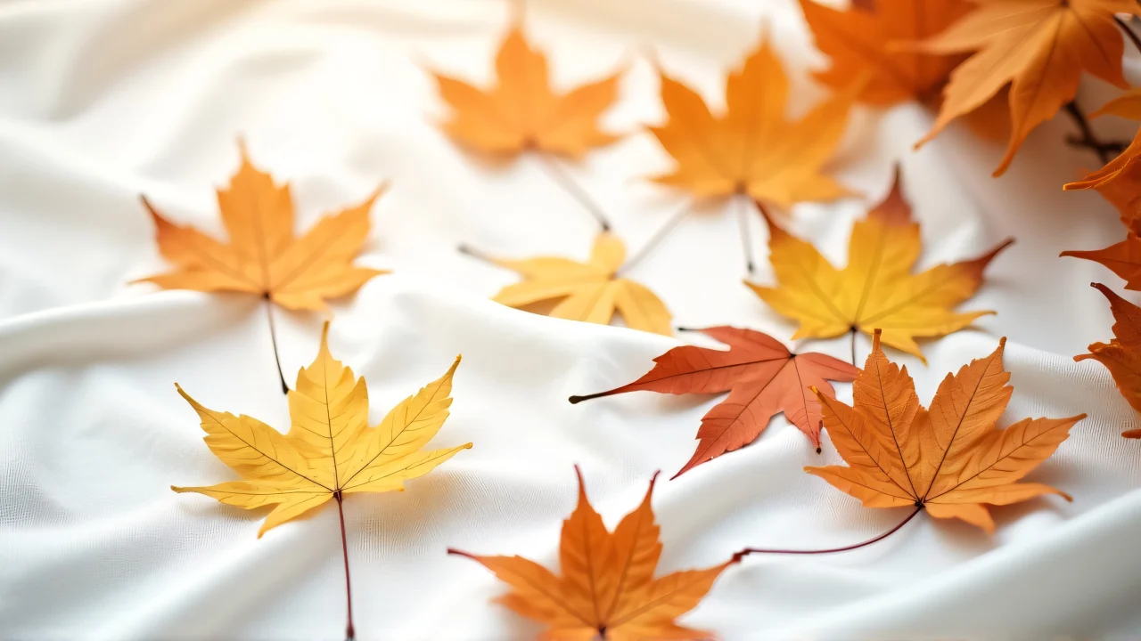 Close-up of scattered autumn leaves on white fabric.