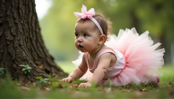 Baby Girl Crawling in Tutu Dress by Tree Trunk