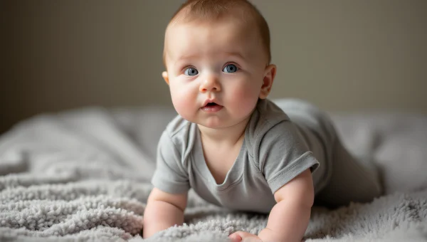 Baby in Grey Outfit Seated on Textured Blanket