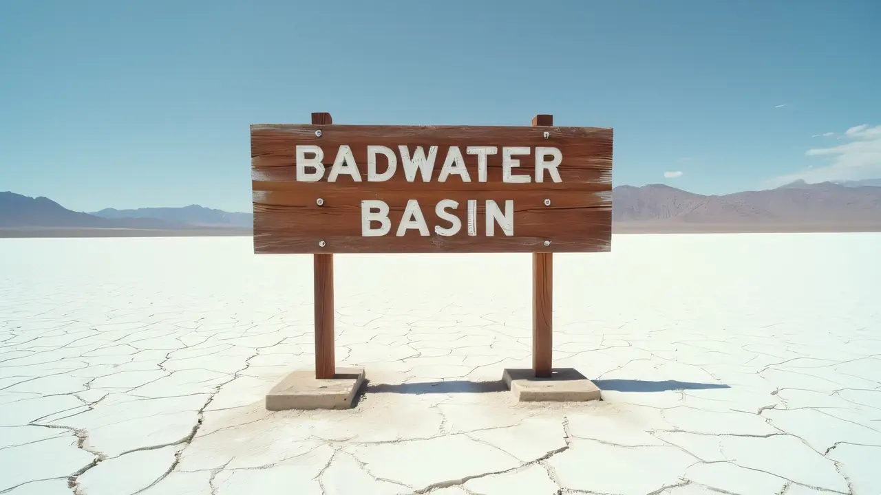 Weathered Badwater Basin sign on cracked salt flats with distant mountains.