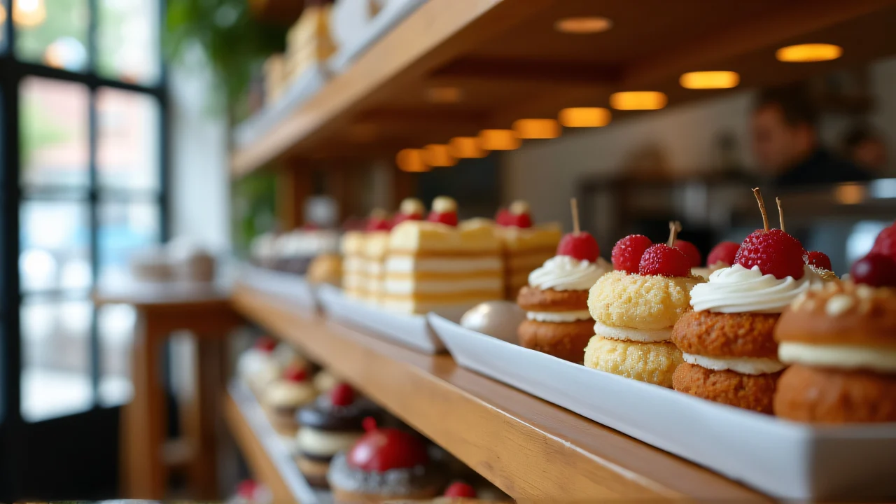 Interior of a bakeshop featuring a variety of cakes on wooden shelves with soft lighting.
