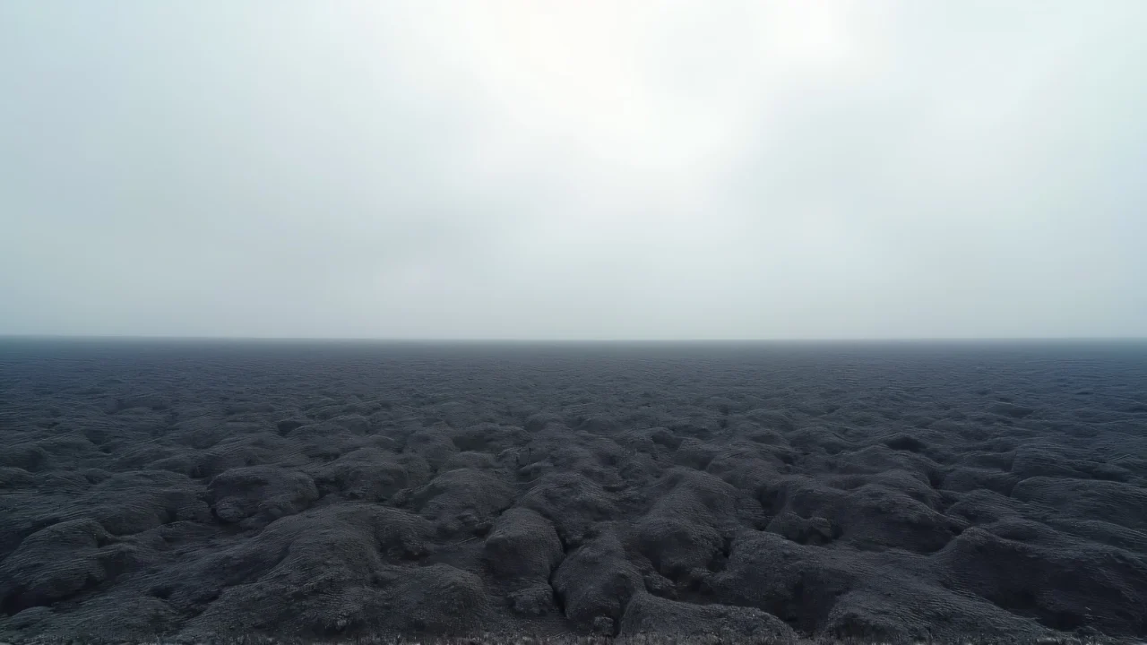 Wide-angle view of a barren field with textured soil and soft clouds in the background.