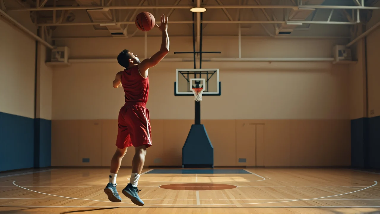 A focused basketball player jumps to shoot with a low-angle view and motion blur on the ball.