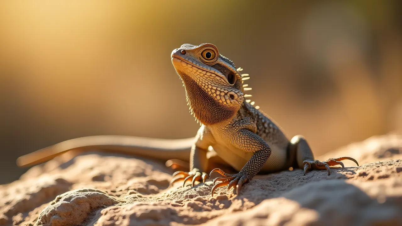 Close-up of a brown bearded dragon basking on a rock in warm sunlight.