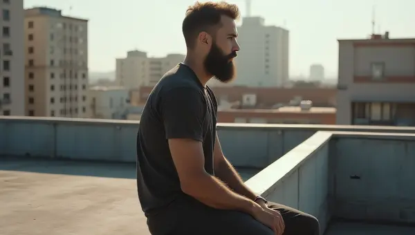 Bearded Man Relaxing on Urban Rooftop Bench