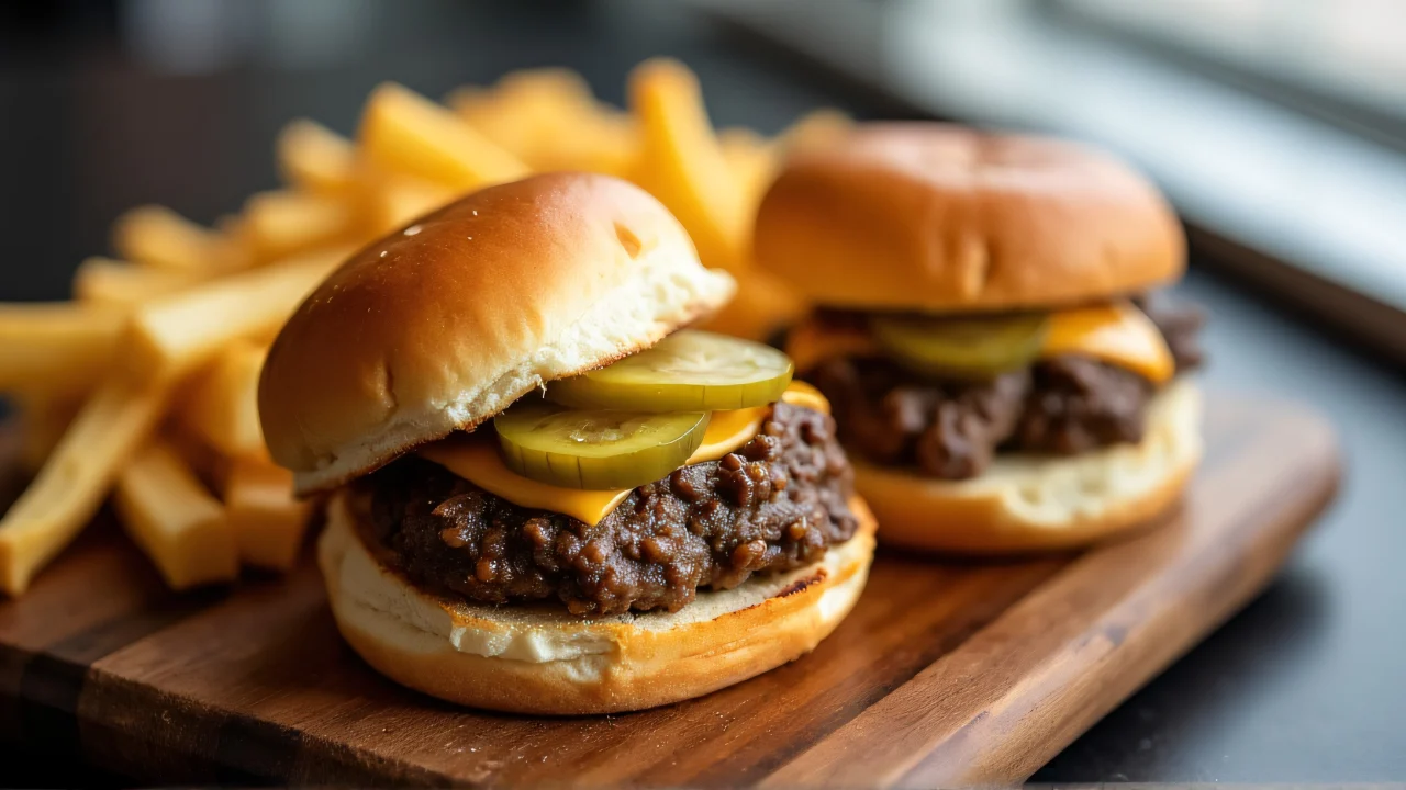 Two beef sliders with cheese and pickles on a wooden board with fries.