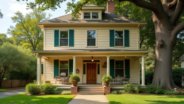 Beige Green Two-Story House With Porch And Pathway