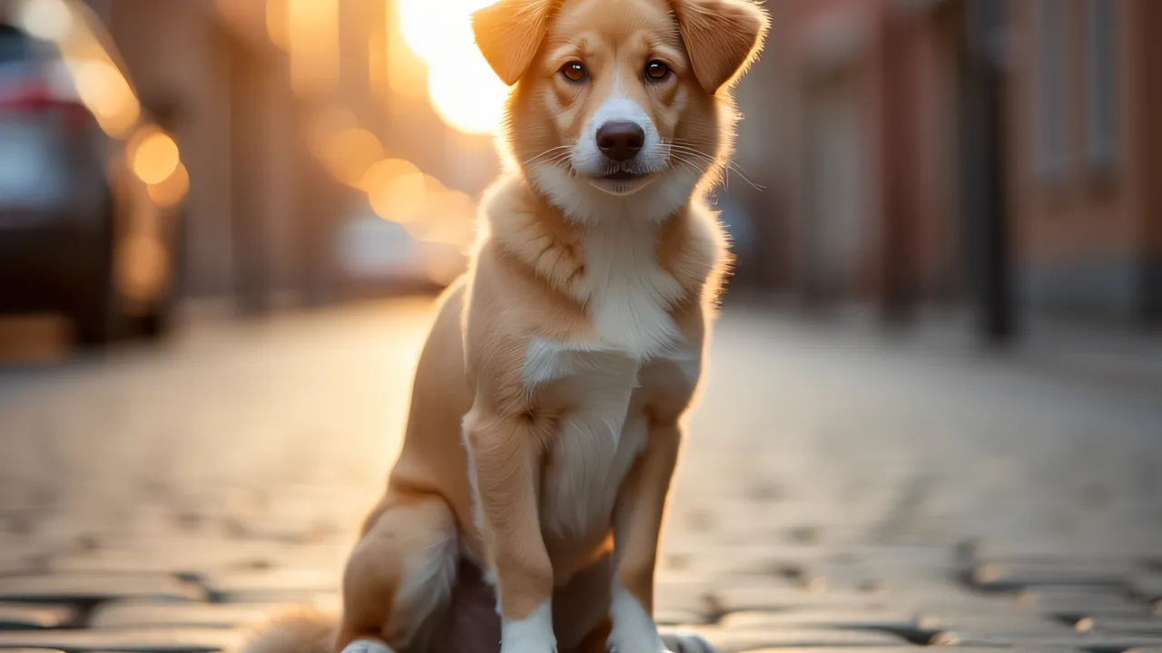 A beige-and-white short-coated dog sits calmly on a cobblestone street during golden hour.