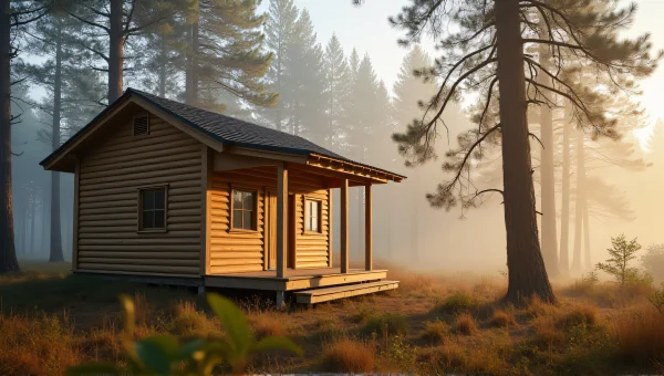 Beige Wooden Cabin in Misty Pine Forest