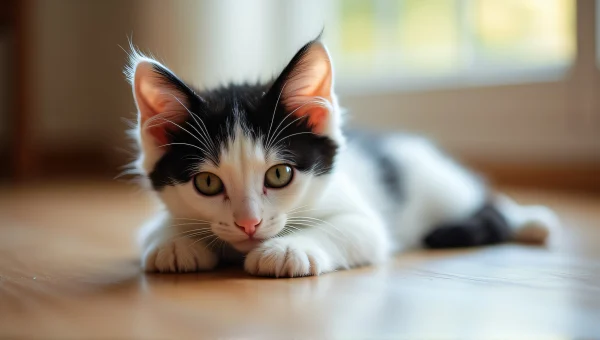 Bicolor Kitten Lying on Wooden Floor