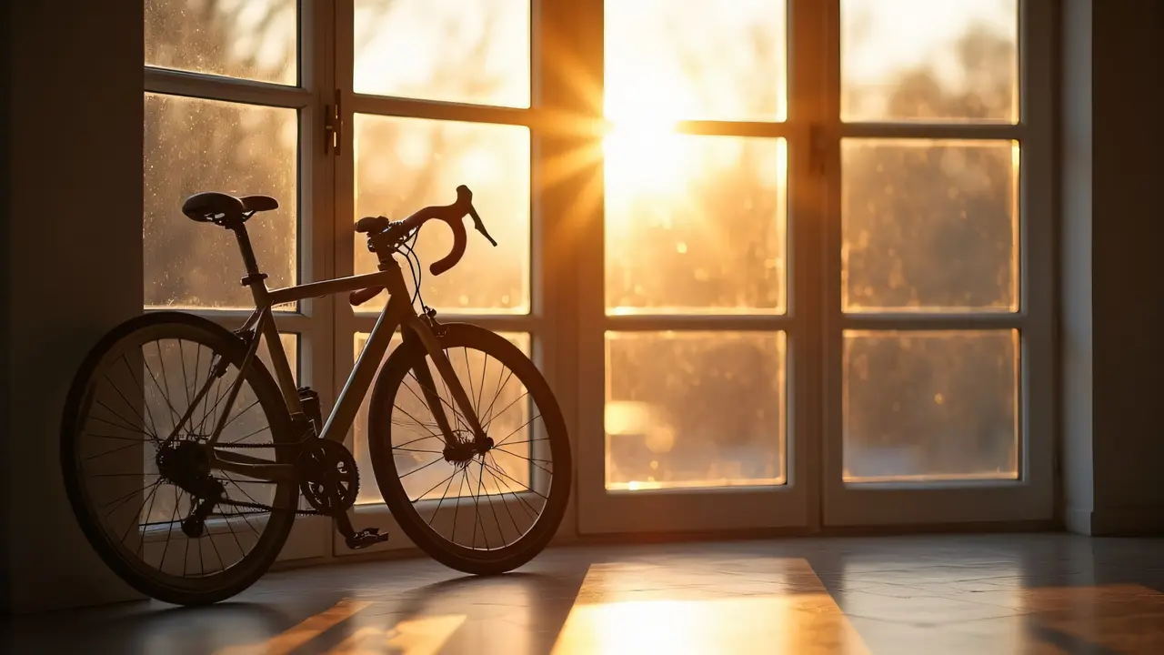 A bicycle rests against a sunlit window, casting soft shadows in the afternoon light.