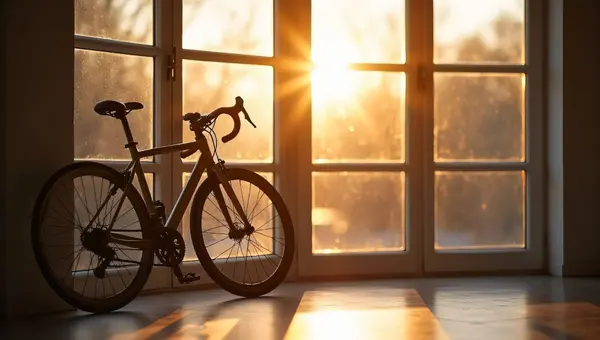 Bicycle Leaning Against Sunlit Windowpane