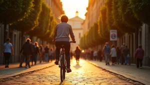 Bicyclist Riding On Cobblestone Street At Sunset