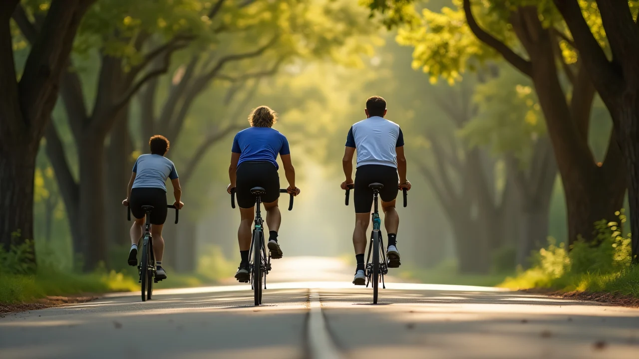 Three cyclists ride down a shaded road, capturing a sense of adventure and nature.
