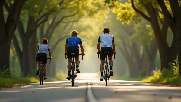 Bicyclists Riding Along Tree-Lined Road Midday