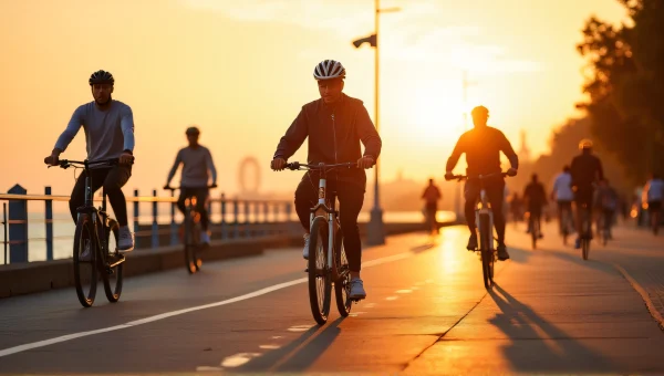 Bicyclists Riding Along Waterfront Promenade