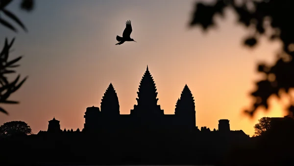 Bird Silhouette Over Ancient Temple at Dusk