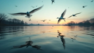 Birds In Flight Reflection On Water At Dusk
