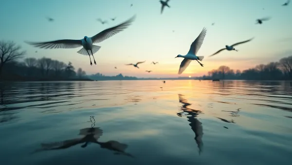 Birds In Flight Reflection On Water At Dusk