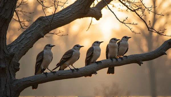 Birds Perched on Gnarled Tree Branch in Afternoon Light